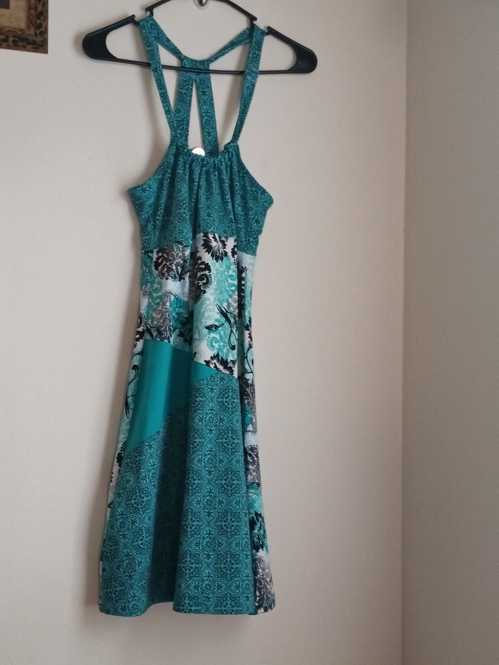 Lola Patchwork Dress Women M Teal Halter Floral Mini Vacation Summer Academia